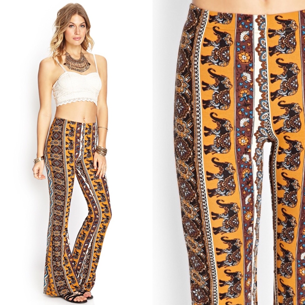 Forever 21 Elephant Print Flare Pants - Brown and Orange